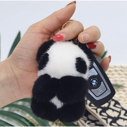 8cm Mink Panda Real Fur keychain Women Fur Pompom Bag Charm Car Key ring Ornaments Toy Pendant phone Hanging Trinket Gift