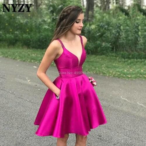 NYZY C114 Satin Ball Gown Pocket Short Mini Cocktail Dress for Wedding Party Formal Dress robe de soiree vestidos coctel 2019