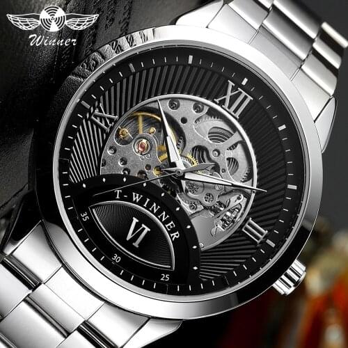 Winner Automatic Men Watch Silver Black Transparent Skeleton Mechanical Business Stainless Steel Wrist Watches Relogio Masculino