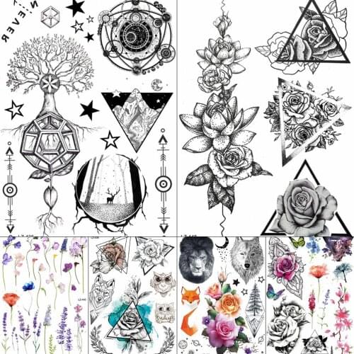 GoldOcean Black Waterproof Tree Chains Tattoos Stickers Women Girls Body Arm Wrist Temporary Tatto Triangle Flower Planet Tattoo