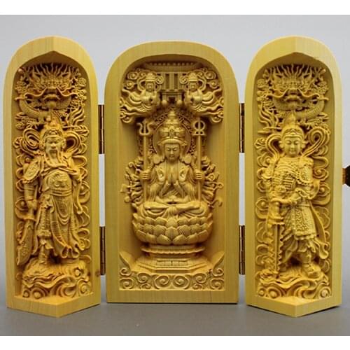 Wood carvings Buddha statues of the West Saha three saint Guanyin off the public three open box wooden crafts Decoration