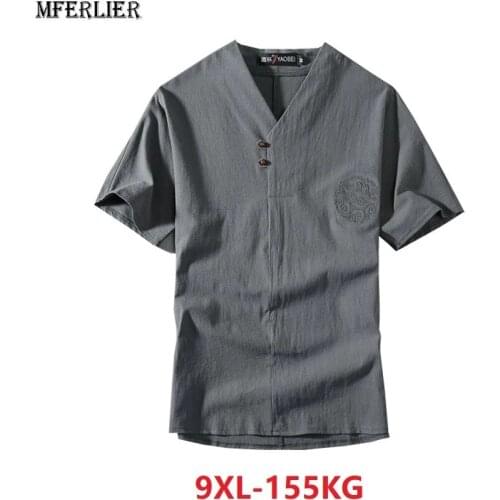 Summer Men chinese style sleep tops homewear large size T-shirt Short Sleeve Tees big size 7XL 8XL 9XL v-neck linen tshirt 68 70