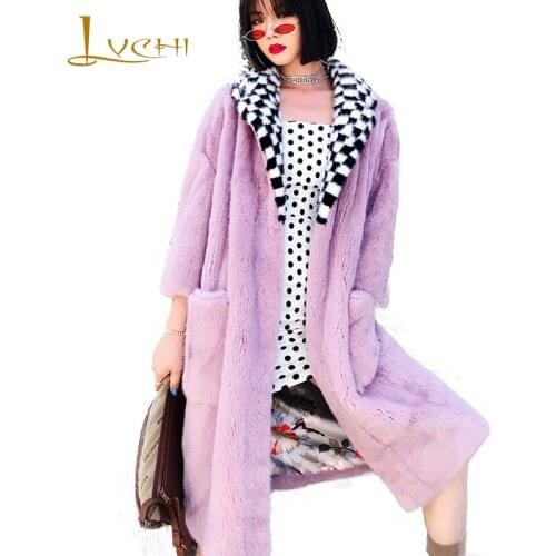LVCHI 2019 Winter Imported purple velvet Mink Fur Coat Real Fur Coats Women Turn-Down Collar Print Plaid X-Long Mink Fur Coats
