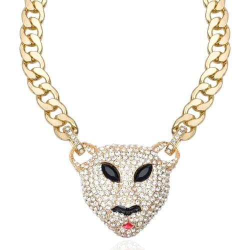 New Hip Hop Rock Statement Chunky Necklace Big Leopard Head Rhinestone Pendant Gold Color Miami Cuban Link Chains Rapper Jewelry