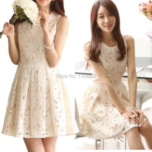 Korean Cute Women O-Neck Sleeveless Lace Dress Floral Hollow Out Embroidery Above Knee Mini Pleated Ruffled Dress