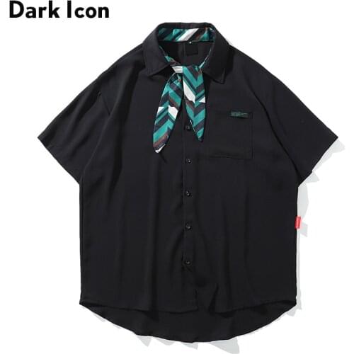 Dark Icon Solid Color Turn-down Collar Mens Shirt with Color Contrast Tie 2019 Summer Street Shirts Men Black White