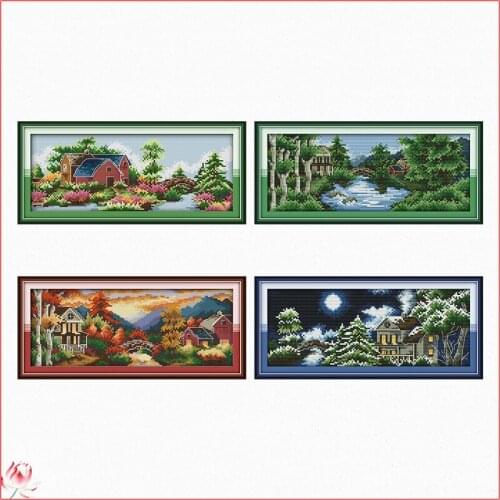 Four Seasons View of Castle Cross Stitch Kit 14ct 11ct Printed Fabric Embroidery Kit DIY Handmade Needlework Home Deco Craft