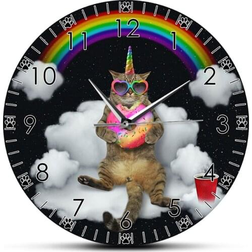 Funny Meowgical Unicorn Cat With Rainbow Donut HD Printed Wall Clock Caticorn Cat Wall Art Girl Room Wall Watch Cat Lovers Gift
