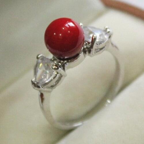 New! ladys silver plated ring with crystal decorated & 9-10mm red shell pearl ring(#7 8 9 )