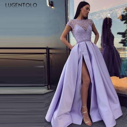 Party Dress Women Sexy Lace Hem Slit Dresses Light Purple Big Swing Short Sleeve Elegant Ladies Maxi Dress Lugentolo