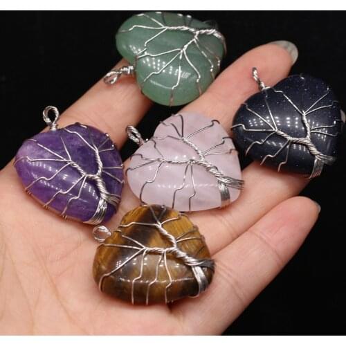 Natural Rose Quartzs Lapis Lazulis Pendant Heart Shape Winding Silver Stone Pendant for Making DIY Jewerly Necklace 30x38mm