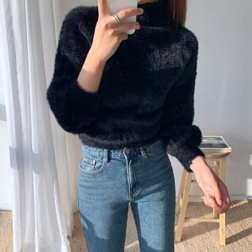 JMPRS Pullover Women Short Sweater Fashion Hairy Lantern Sleeve Autumn Female Jumper Knit Casual Korean Style Ladies Black Tops