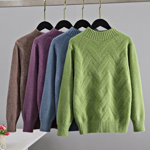 GIGOGOU Geomatric mink cashmere Womens Sweater Korea Style Elegant Thick Warm Turtlenecks Fall Winter Soft Female Jumper Top