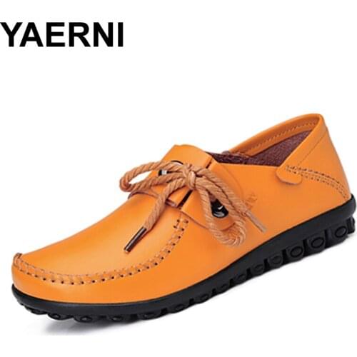 YAERNI Casual Shoes Women Breathable Sport Walking Leather Shoes Women Lace Up Flats Loafers Zapatos Mujer Leisure shoes