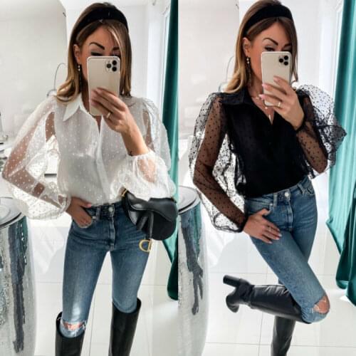 Women See Through Sleeve Sheer Mesh Dot Shirt Blouse Tops OL Puff Long Sleeve Shirt V-neck Buttons Shirts Blouses Outwear 2020