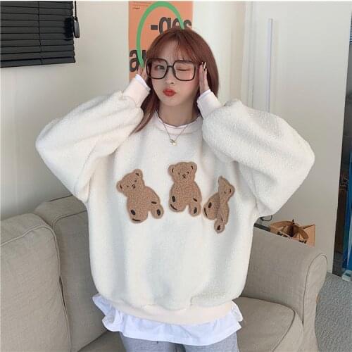 Womens Sweatshirt Kawaii Hair Bear Sweatshirt Women Thick Loose Korean Jacket Tide Ins Long Sleeve Pullovers Female Sweatshirt