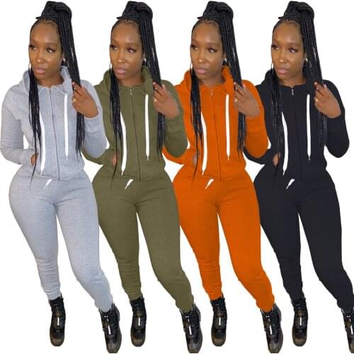 Women 2 Pieces Sweatpants and Hoodie Set Drawstring Zipper Top with Pockets + Long Pencil Pants Fall Winter Tracksuits Joggers