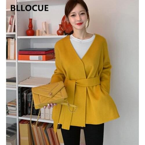 BLLOCUE Women Autumn Winter Fashion Wool Coat Casual Jackets Blend Female Elegant V-Neck Long Sleeve Belt Wool Coat Outwear