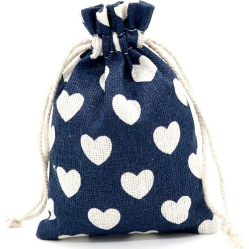 10x14cm 10pcs Navy/Lake Blue/Pink with White Heart Drawstring Cotton Bags Jewelry Packaging & Display Pouches for Jewelry Beads