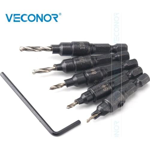 5PCS #5 #6 #8 #10 #12 Wood Carpentry Countersink Drill Bit Woodworking Hex Spanner Set
