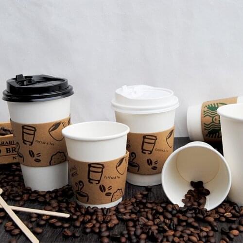 50pcs White disposable coffee cup hot drink milk tea thick paper cup party favor creative cup with cover and kraft paper sleeve