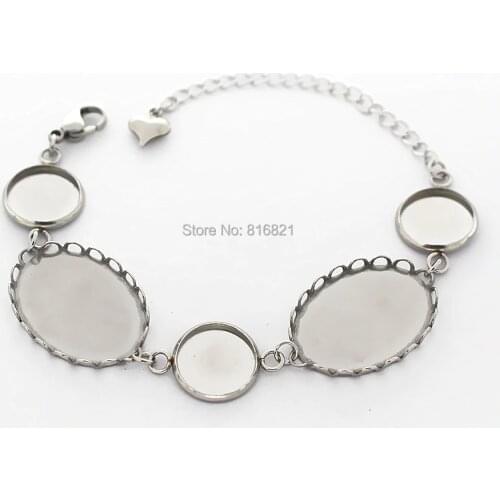 Stainless Steel Bracelet Settings Cameo Cabochons Bases Blank with 12mm 18x25mm Round Oval Bezel Link Chain Bracelet DIY Finding