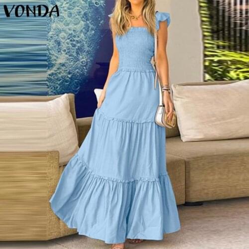 Long Maxi Dress VONDA Summer Casual Solid Sleeveless Long Maxi Dresses Loose Lace Pleated Ruffled Hem Robe Casual Vestido