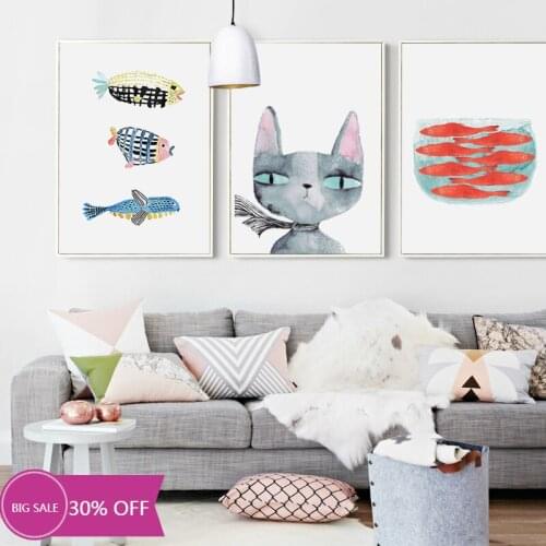 Elegant Poetry Nordic Simple Watercolor Animals Cartoon Cat and Fish Canvas Painting Art Print Poster Picture Bedroom Wall Decor
