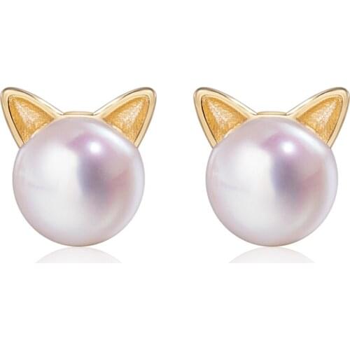 Hot Sell Cute 925 Sterling Silver Cat Earring Stud Ear Handpicked Freshwater Cultured Pearl For Cat Lovers Woman Jewelry zk30
