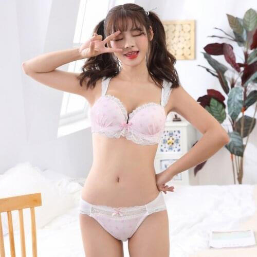 Japanese Sweet Cute Sexy Push Up Bra Brief Set Lace Pink Underwear Women Girls 2021 Kawaii Lingerie Plus Size Bralette Sets