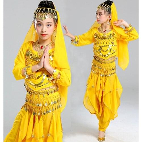 5pcs Long Sleeve Girl Belly Dance Suit for Girl Indian Performance Stage Dance Dress Kid Dancing Costumes Kids Belly Clothes Set
