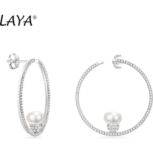 Laya Nature Pearl Earrings For Women Pure 925 Sterling Silver Shiny White Cubic Zirconia Hoop Earrings Elegant Trendy Jewelry
