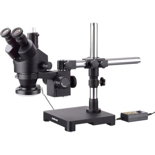 AmScope 3.5X-45X Black Trinocular Stereo Zoom Microscope on Single Arm Boom Stand + 144 Direction Adjustable LED Ring Light