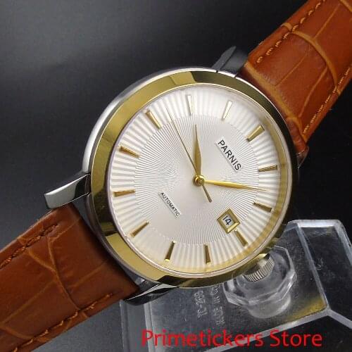 41mm PARNIS white dial golden plated case sapphire glass automatic mens watch date leather strap