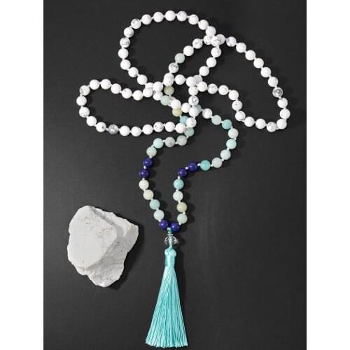 OAIITE 108 Mala Beads Necklace Natural Howlite Amazonite and Lapis Lazuli Stone Necklace Yoga Meditation Jewelry