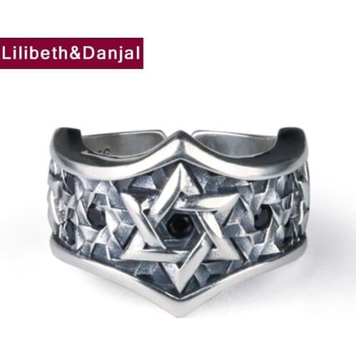 Hexagram Inlaid Black Artificial Zircon Adjustable Ring Real 925 Sterling Silver Fine Jewelry Women Men 2021 Free Shipping R27