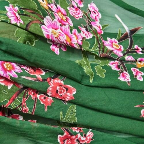 Pink Flowers On Green Burnt-Out Velvet Fabric For Dress Telas Por Metro Tissus Au MÈTre Ткань Для Шитья Одежды Sewing Tecido Diy