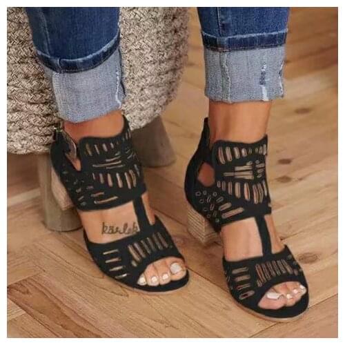 Hot Sale Summer Retro Hollow Sandals Mid-heel Buckle Womens Shoes Fish Mouth Open Toe Casual Wedding High Heels Ladies Sandals