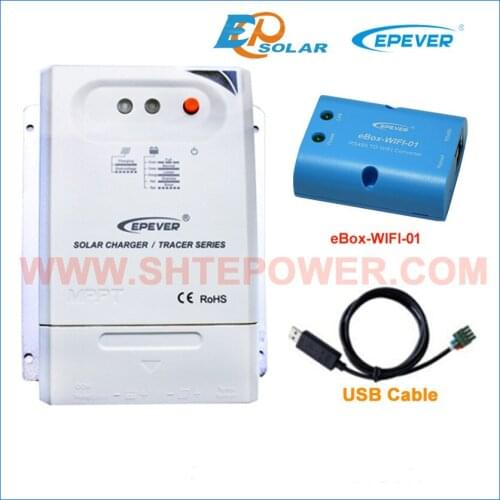 12V 24V 20A solar cells MPPT Solar Controller USB cable PC connect Tracer2210CN 20amps Max PV input 100V Wifi eBOX Phone Mobile