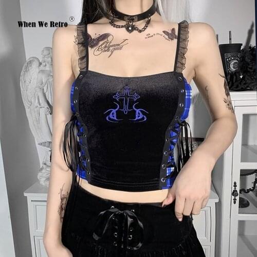 Vintage Lace Blue Pleated Camis Aesthetic Velvet Lace Up Crop Tops Y2K Goth Sexy Spaghetti Straps Backless Camisole VD2156