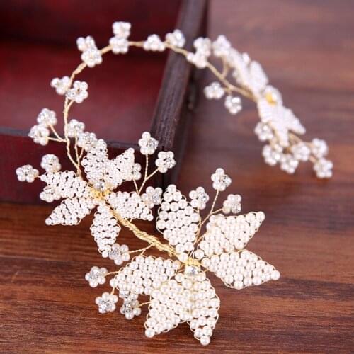 Bridal White Pearl Headbands Tiaras Flower Crystal Pearl Leaf Elegant Crowns For Women Jewelry Accessories Gifts