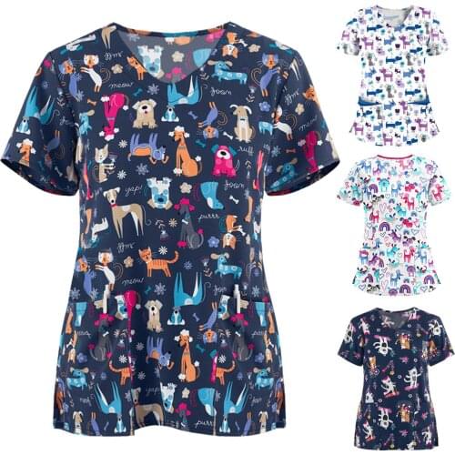 Women Short Sleeve V-neck Carer Top Cartoon Dogs Personalized Printing Daily Work Shirt Top Buttons Neckline Carer T-Shirt