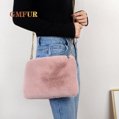 Ladies New Faux Fur Messenger Bag Autumn Winter Fashion Simple Square Bag Female Chain Plush Cute Pure Color Mobile Phone Purse