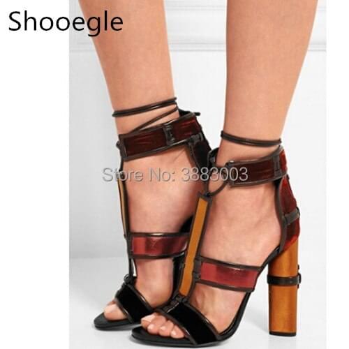 Denim Paneled Leather Ankle Strap Summer Sandal Boots Thick Square High Heel Boots Shoes Woman Rome Gladiator Lace Up Pumps