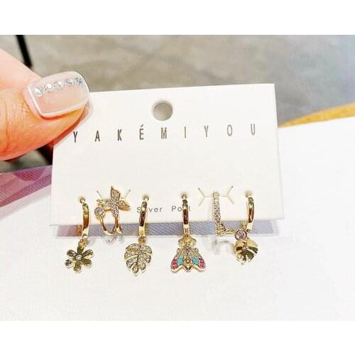 2021 Trend Mixed Leaf Bee Butterfly Earrings for Women Gold Color Cubic Zirconia Hanging Earrings Jewelry