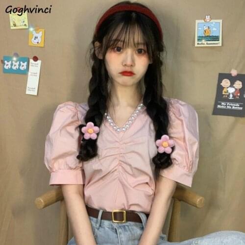 Shirts Women Puff Short Sleeve Beading Casual Pleated Solid Sweet Womens Korean Style Elegant Streetwear New All-match Stylish