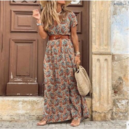Womens Floral Vintage Boho Long Dress Print V-Neck Short Sleeve Elegant Dress Bohemian Vestidos Plus Size Dresses Cover-Ups