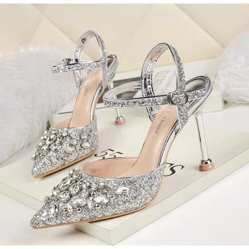 Women sandals PU Sequined Cloth Buckle Strap 6.5CM 9.5CM Thin Heels High heels Pointed Toe Rhinestones Bling Shallow red