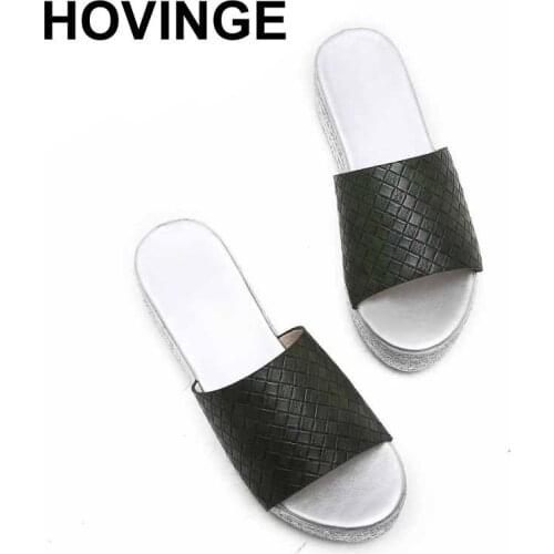 HOVINGE Women PU Leather Summer Outdoor Slippers Female Flat Platform Color Slides Lady Comfort Shoes