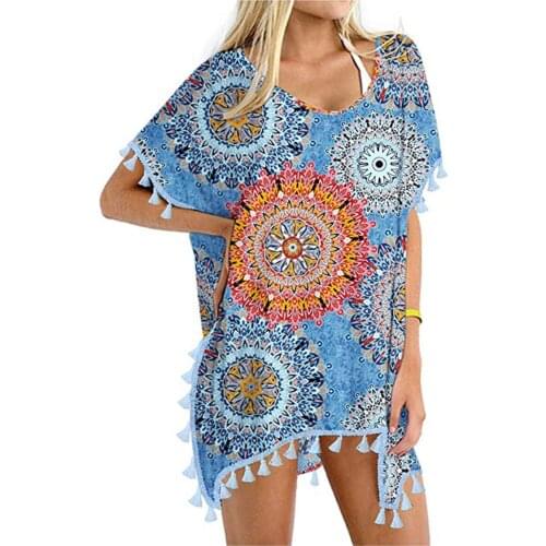 Womens Swimsuit Smock Sexy Bathing Suit Pareo Beach Dress Trim Kaftan Chiffon Tassels Swimwear Beach Loose Bikini Cover Up Tops